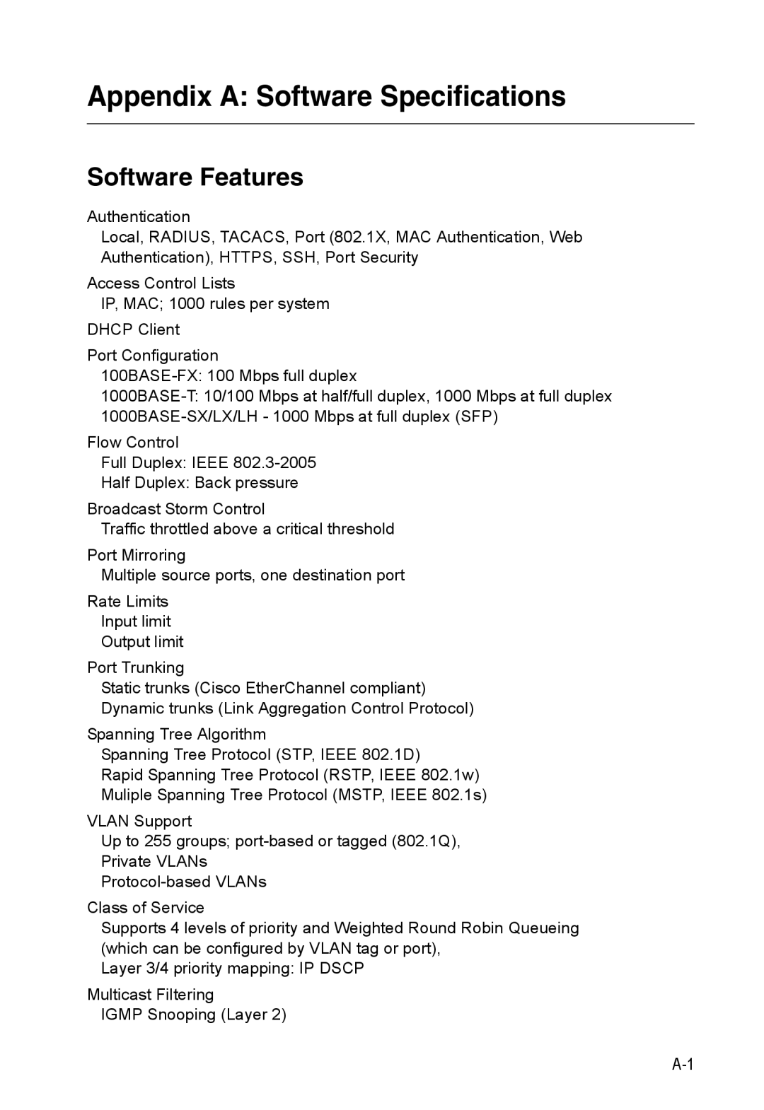 Accton Technology ES3528M-SFP manual Appendix a Software Specifications, Software Features 