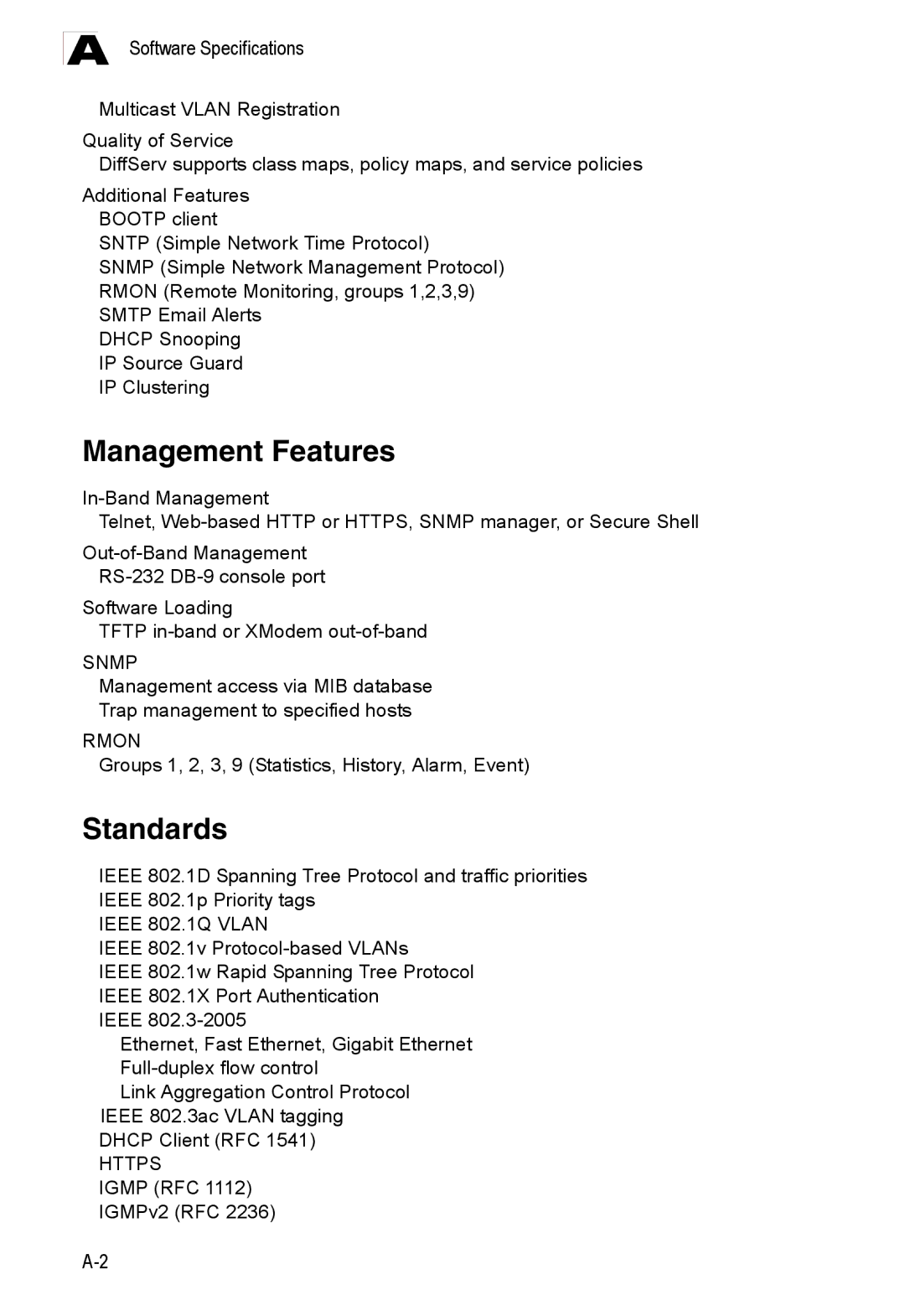 Accton Technology ES3528M-SFP manual Management Features, Standards, Groups 1, 2, 3, 9 Statistics, History, Alarm, Event 