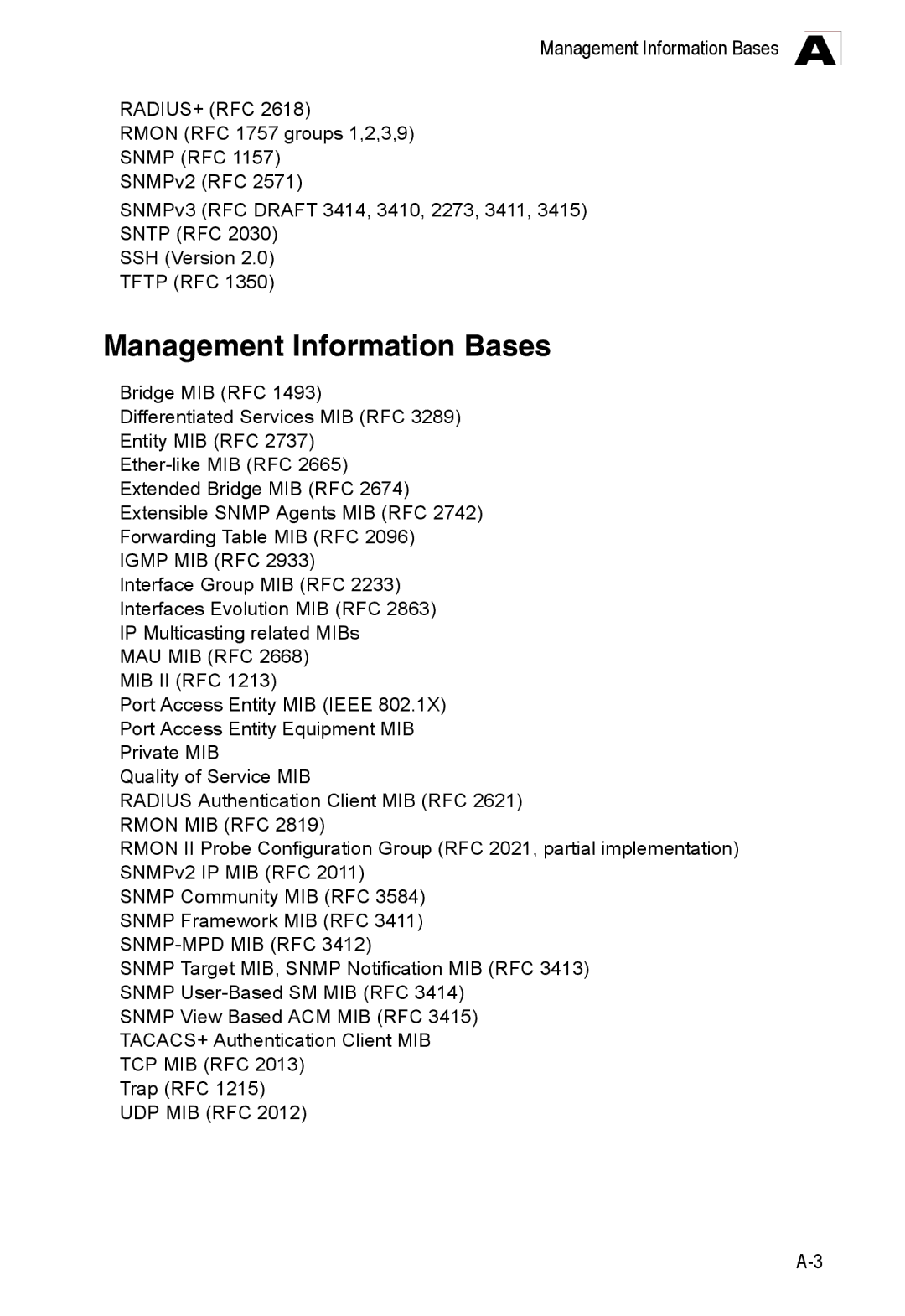 Accton Technology ES3528M-SFP manual Management Information Bases a 