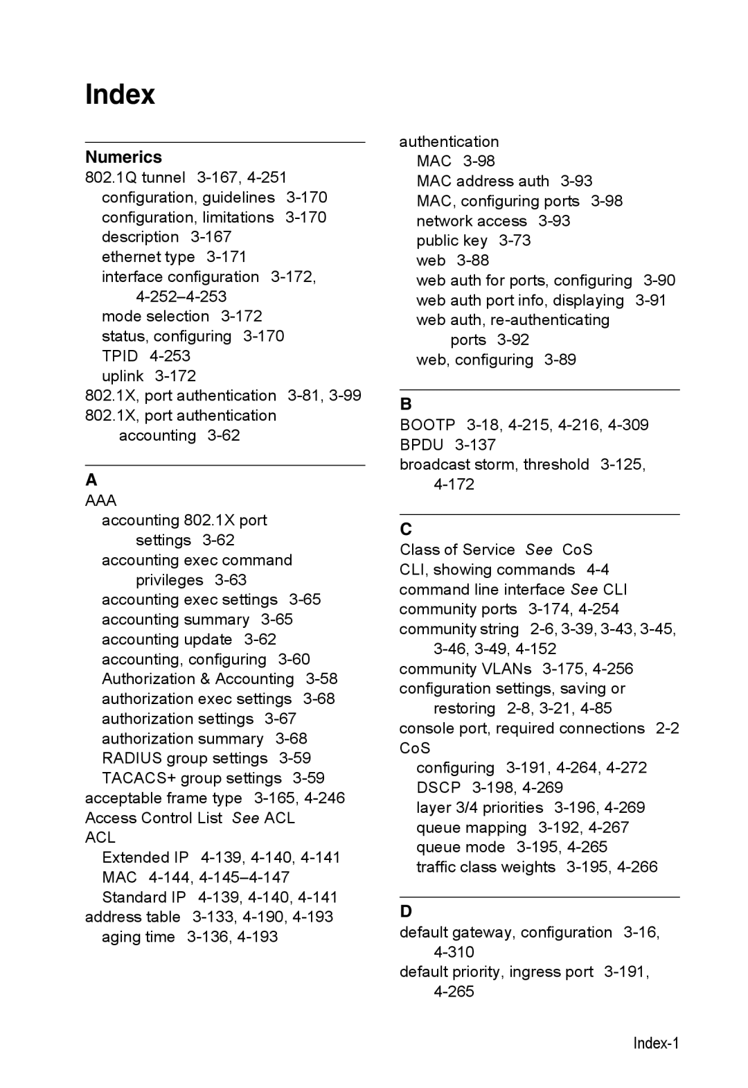 Accton Technology ES3528M-SFP manual Index, Numerics 