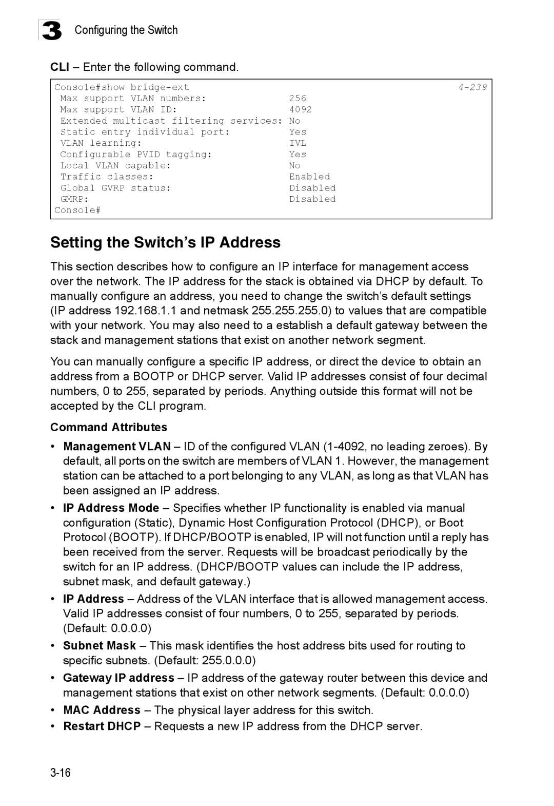 Accton Technology ES3528M-SFP Setting the Switch’s IP Address, CLI Enter the following command, Command Attributes, 239 