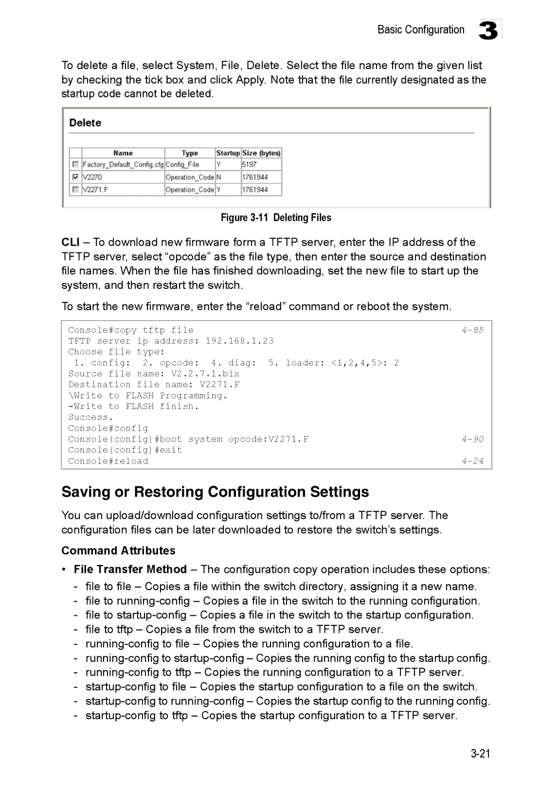 Accton Technology ES3528M-SFP manual Saving or Restoring Configuration Settings, Deleting Files 