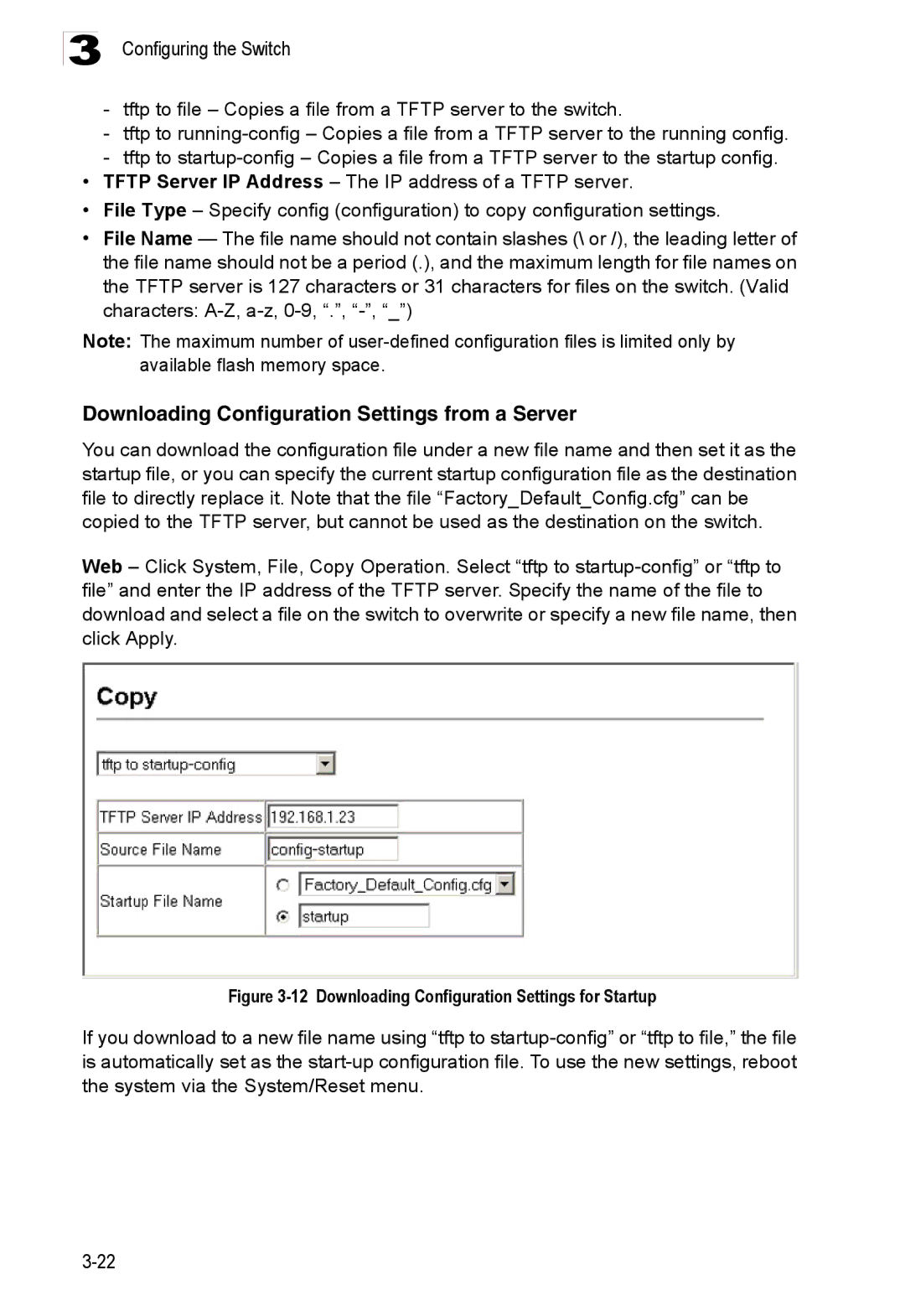 Accton Technology ES3528M-SFP manual Downloading Configuration Settings from a Server 