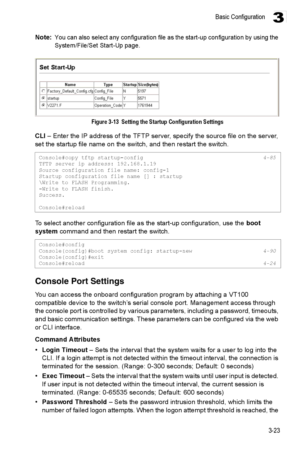 Accton Technology ES3528M-SFP manual Console Port Settings, Setting the Startup Configuration Settings 