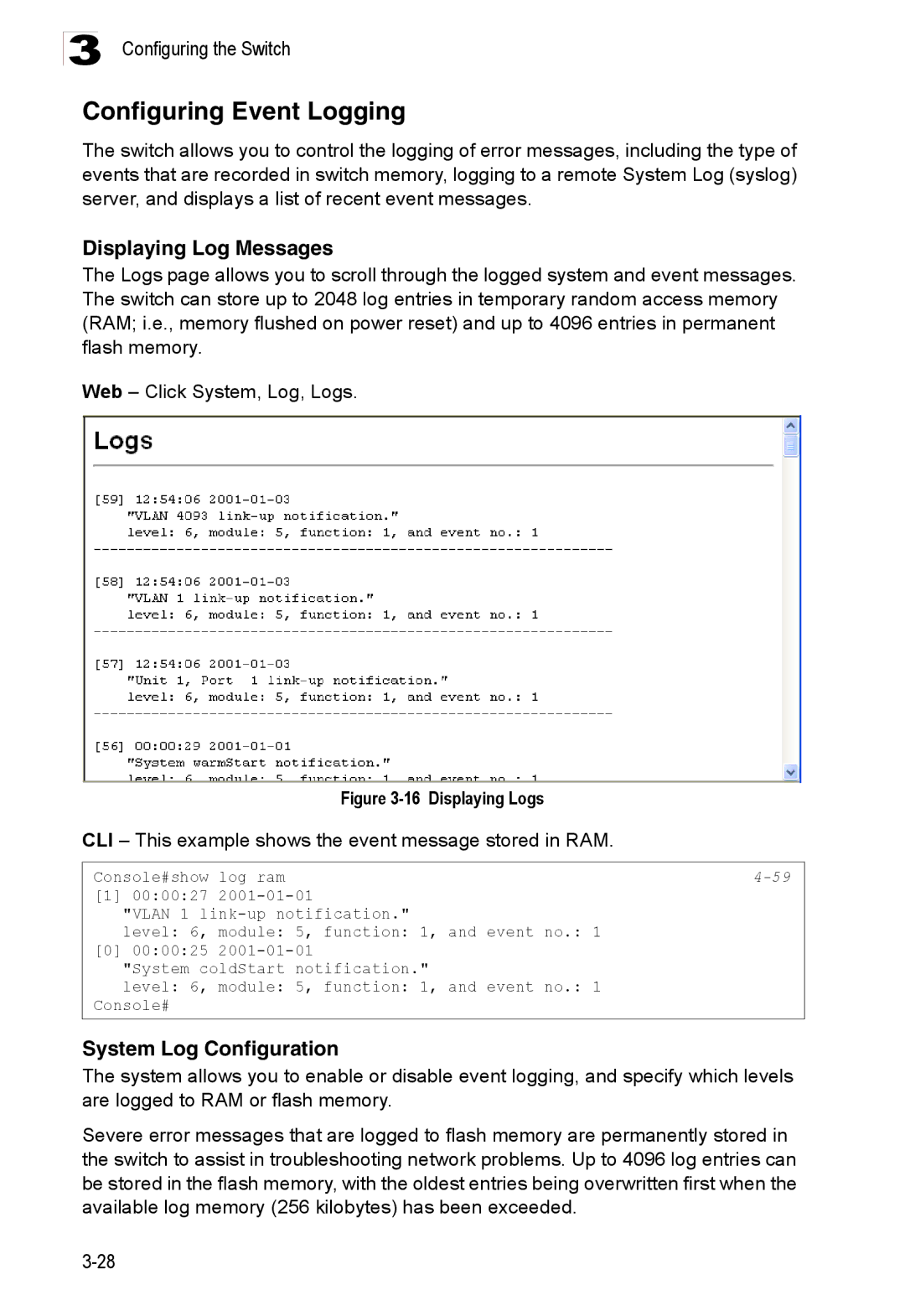 Accton Technology ES3528M-SFP manual Configuring Event Logging, Displaying Log Messages, System Log Configuration 