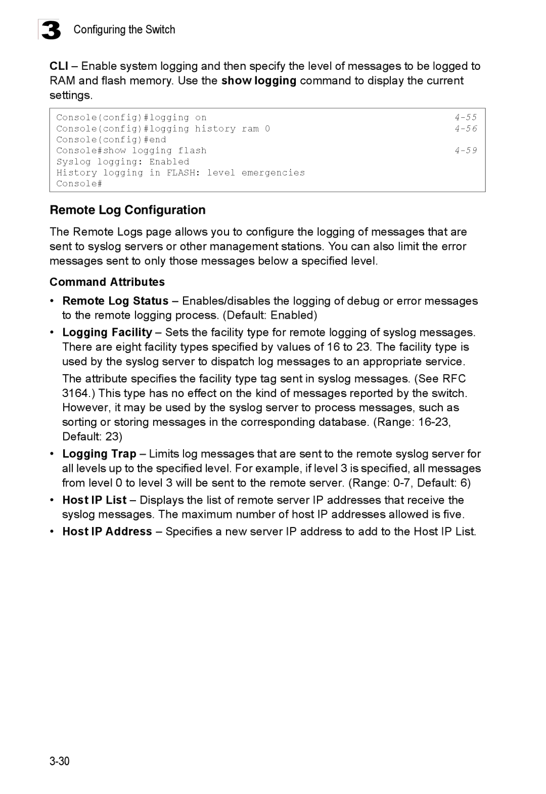 Accton Technology ES3528M-SFP manual Remote Log Configuration 