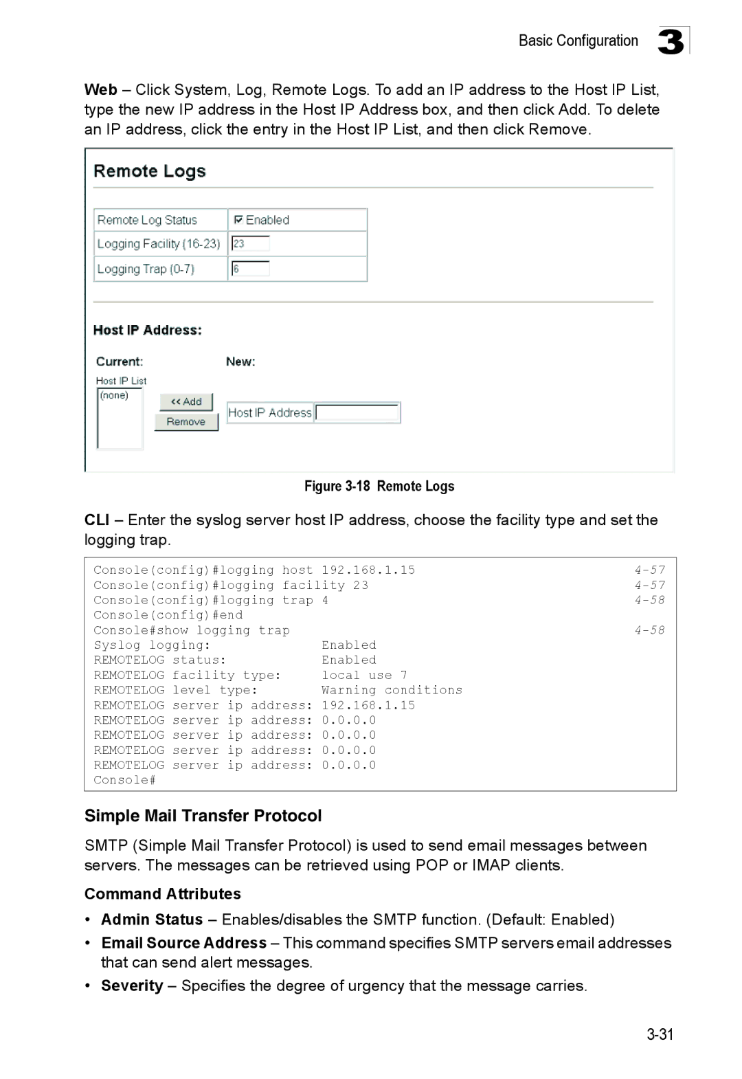 Accton Technology ES3528M-SFP manual Simple Mail Transfer Protocol, Remote Logs 