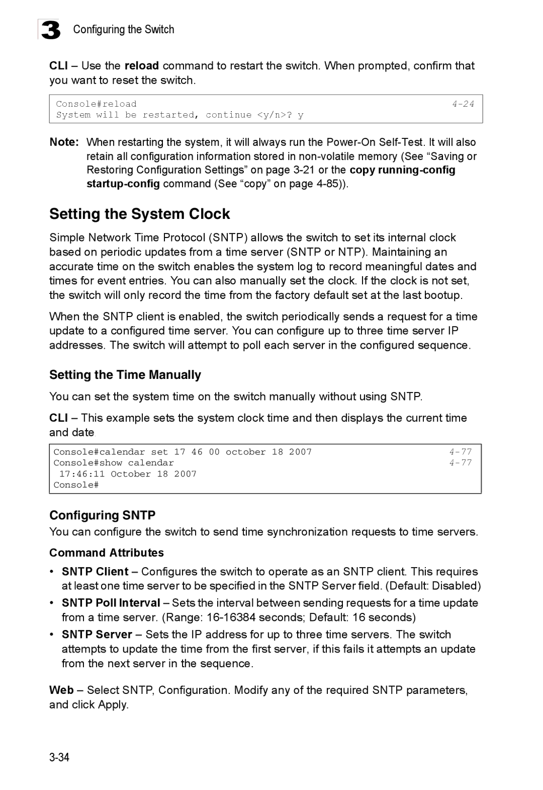 Accton Technology ES3528M-SFP manual Setting the System Clock, Setting the Time Manually, Configuring Sntp 