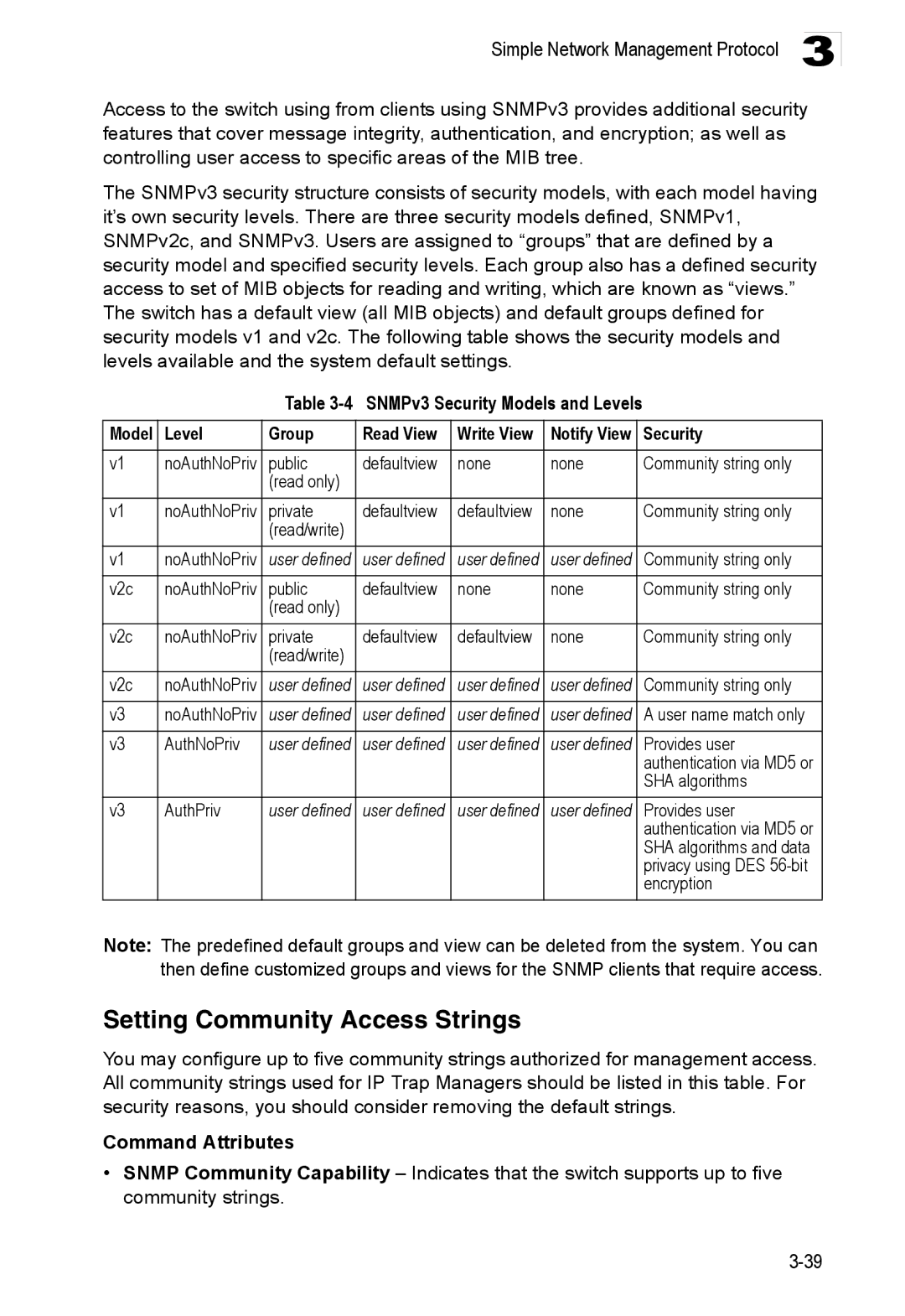 Accton Technology ES3528M-SFP manual Setting Community Access Strings, SNMPv3 Security Models and Levels, User defined 