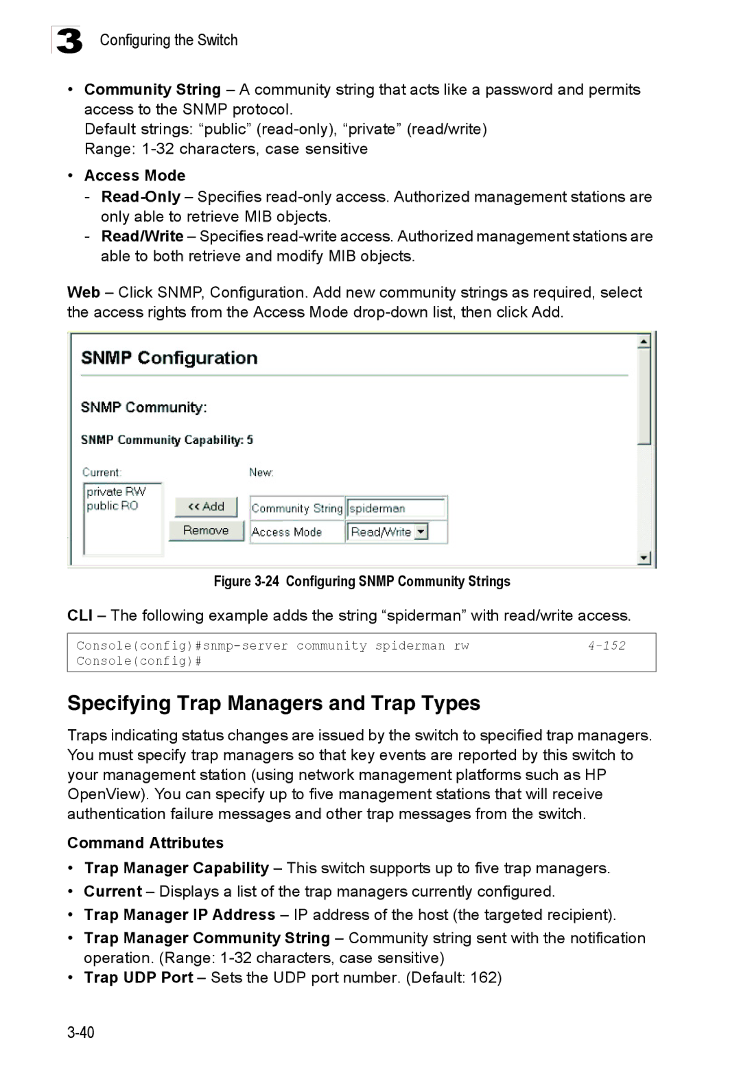 Accton Technology ES3528M-SFP manual Specifying Trap Managers and Trap Types, Access Mode 