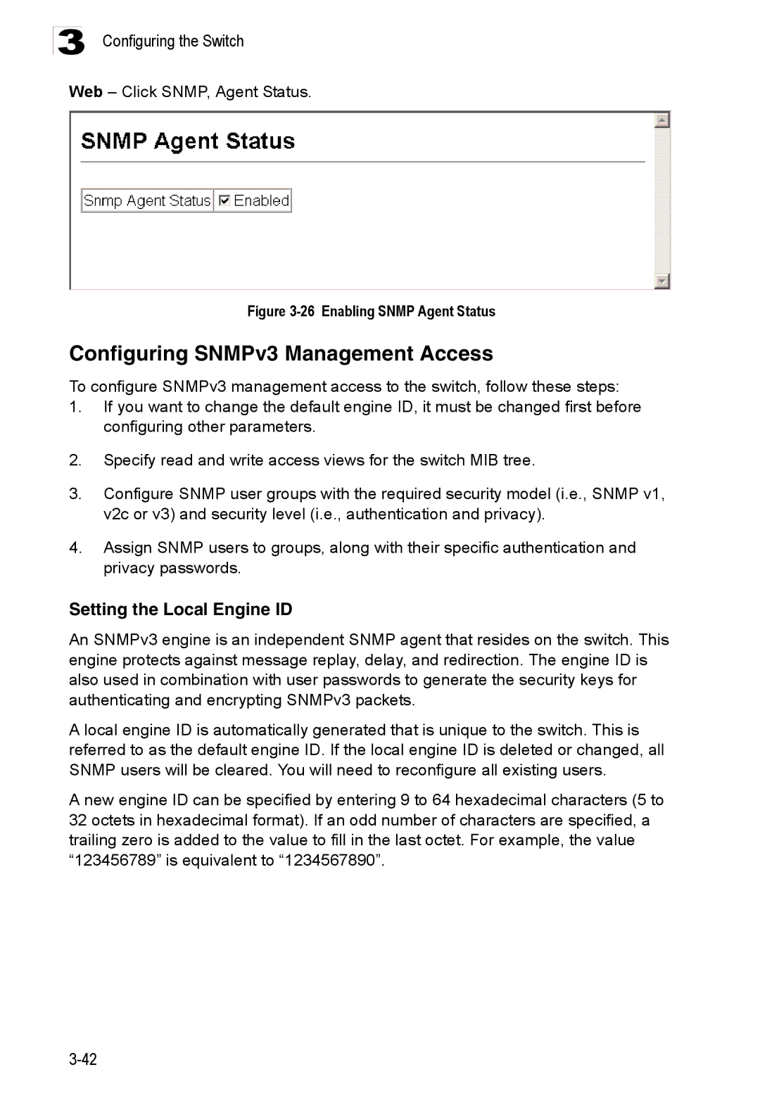 Accton Technology ES3528M-SFP manual Configuring SNMPv3 Management Access, Setting the Local Engine ID 