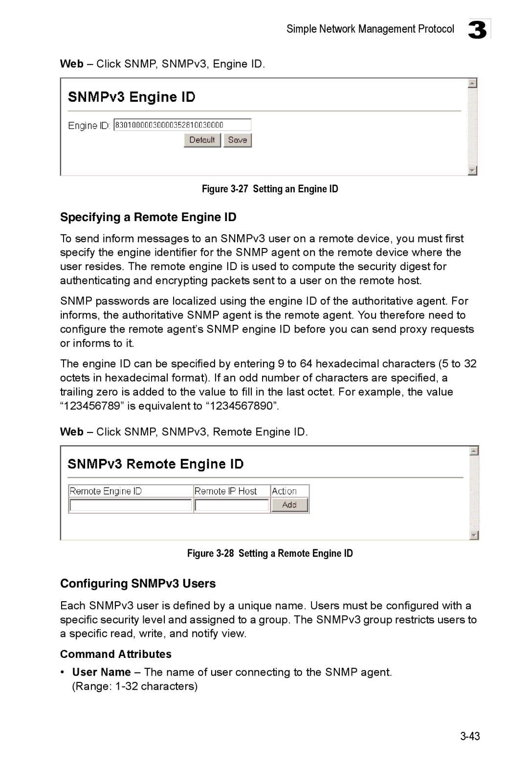 Accton Technology ES3528M-SFP Specifying a Remote Engine ID, Configuring SNMPv3 Users, Web Click SNMP, SNMPv3, Engine ID 