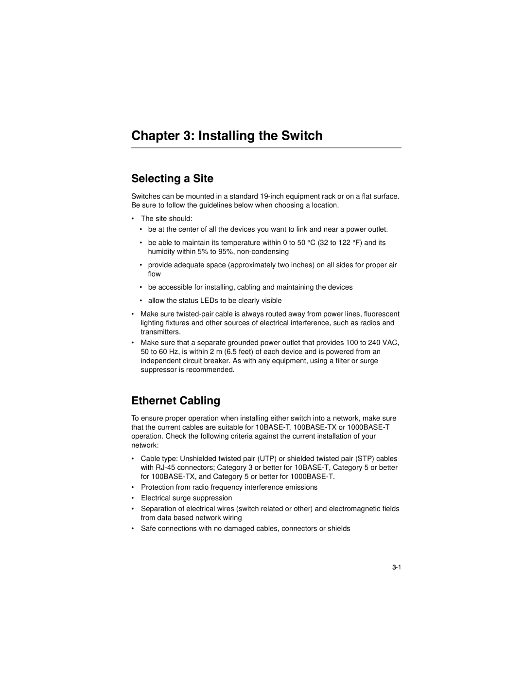 Accton Technology ES3628EA manual Installing the Switch, Selecting a Site, Ethernet Cabling 