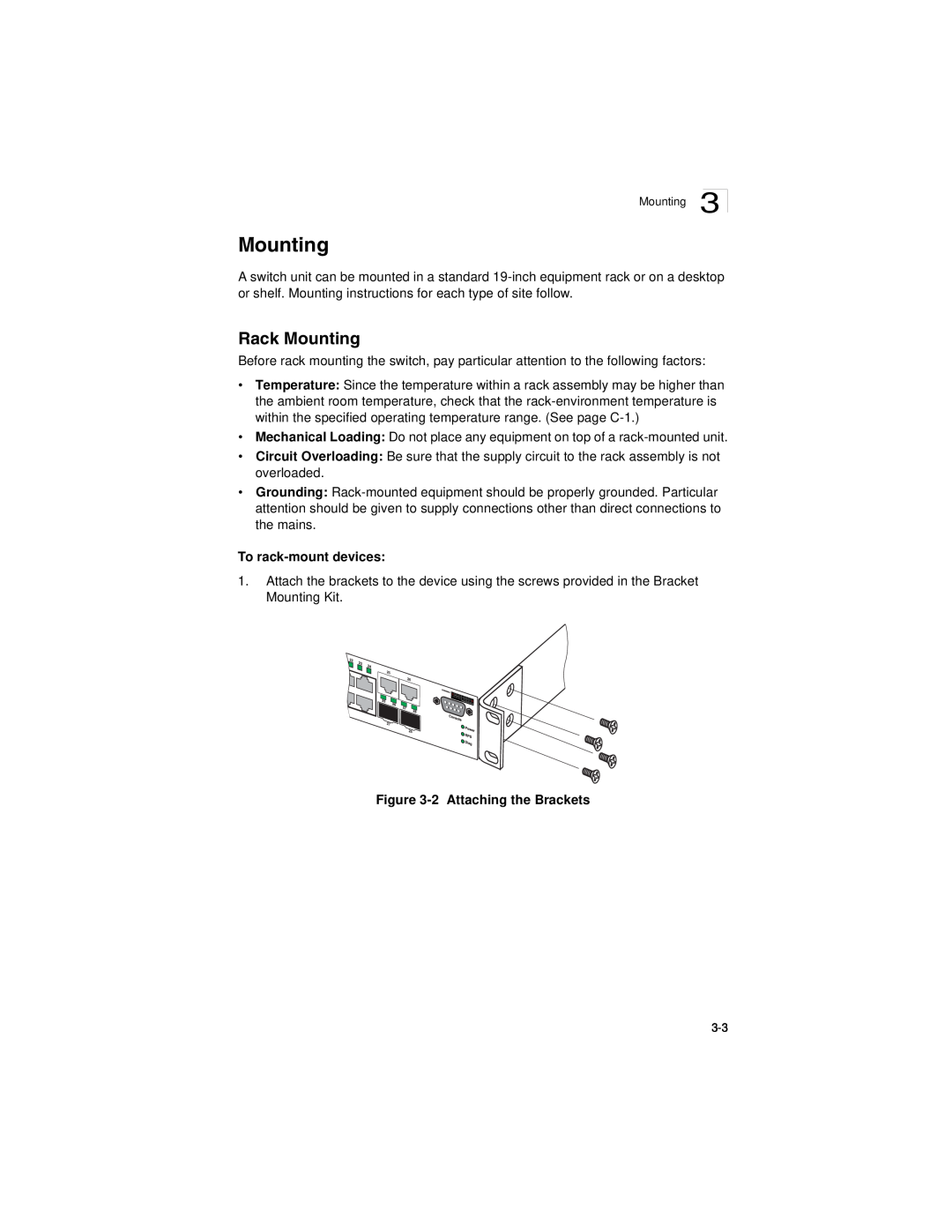 Accton Technology ES3628EA manual Rack Mounting, To rack-mount devices, 2 Attaching the Brackets 