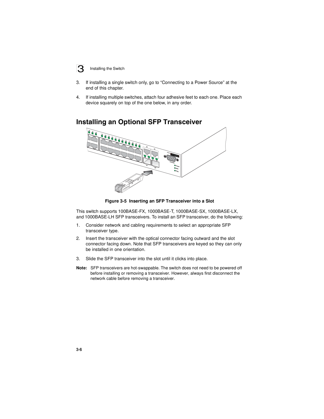 Accton Technology ES3628EA manual Installing an Optional SFP Transceiver, 5 Inserting an SFP Transceiver into a Slot 