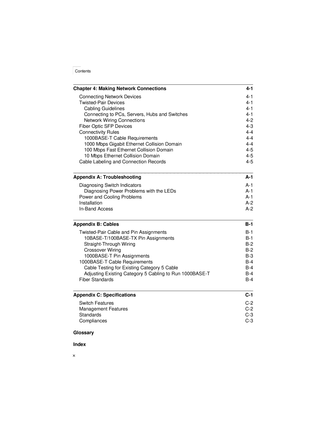 Accton Technology ES3628EA manual Contents, Switch Features Management Features Standards Compliances 