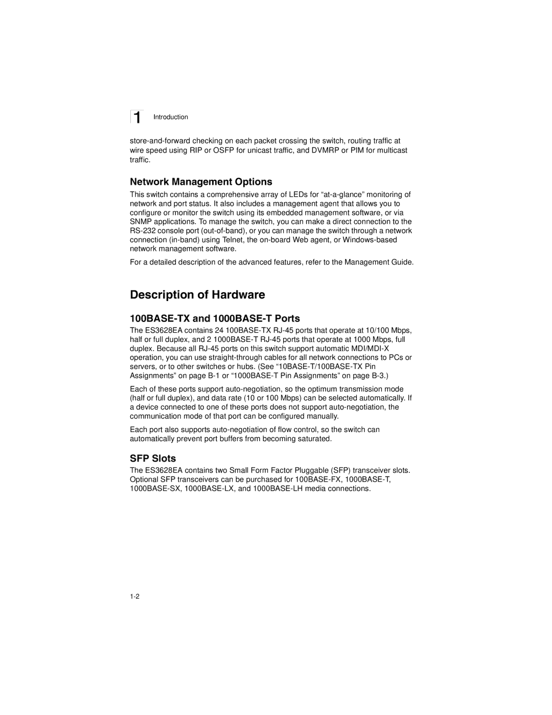 Accton Technology ES3628EA Description of Hardware, Network Management Options, 100BASE-TX and 1000BASE-T Ports, SFP Slots 