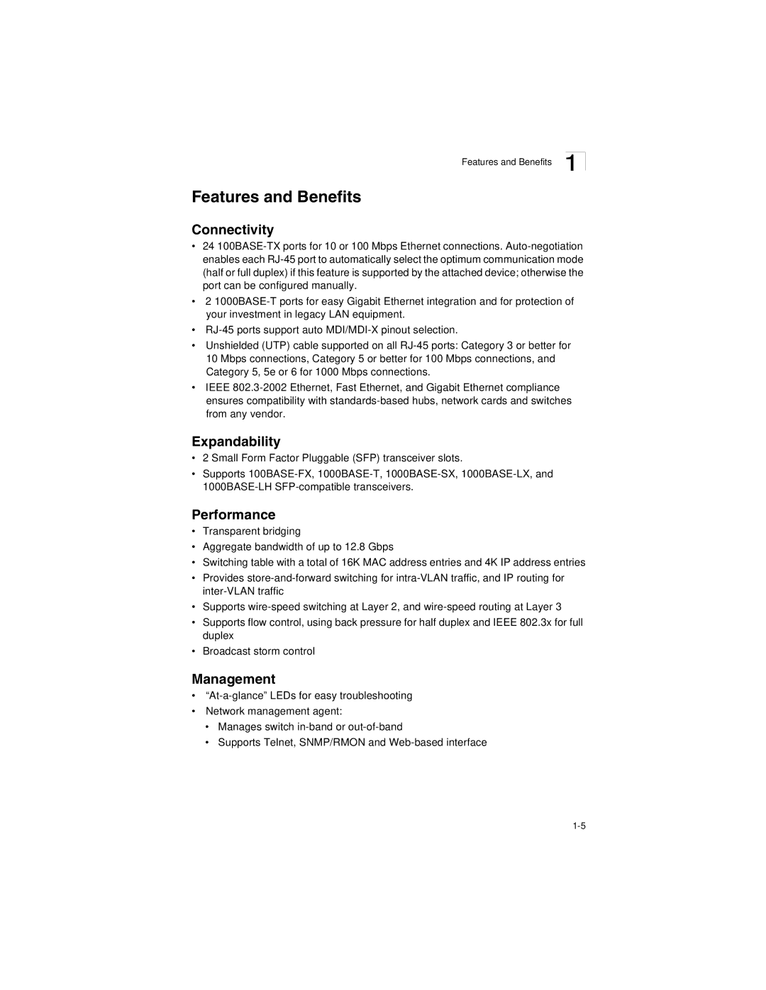 Accton Technology ES3628EA manual Features and Benefits, Connectivity, Expandability, Performance, Management 