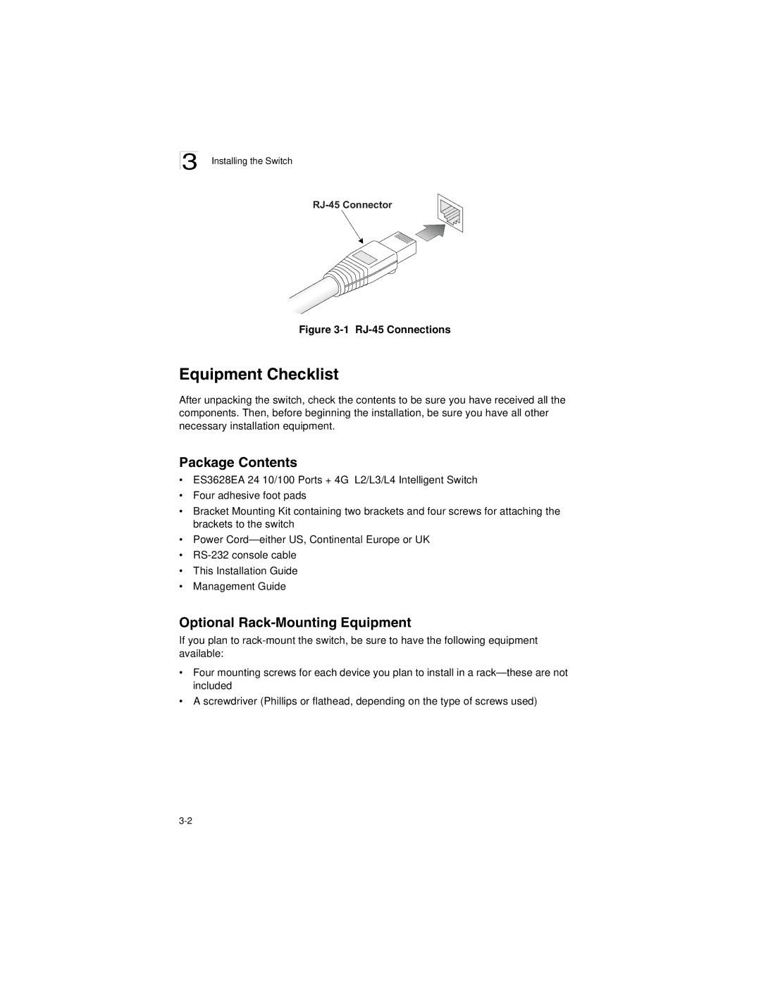 Accton Technology ES3628EA manual Equipment Checklist, Package Contents, Optional Rack-Mounting Equipment 