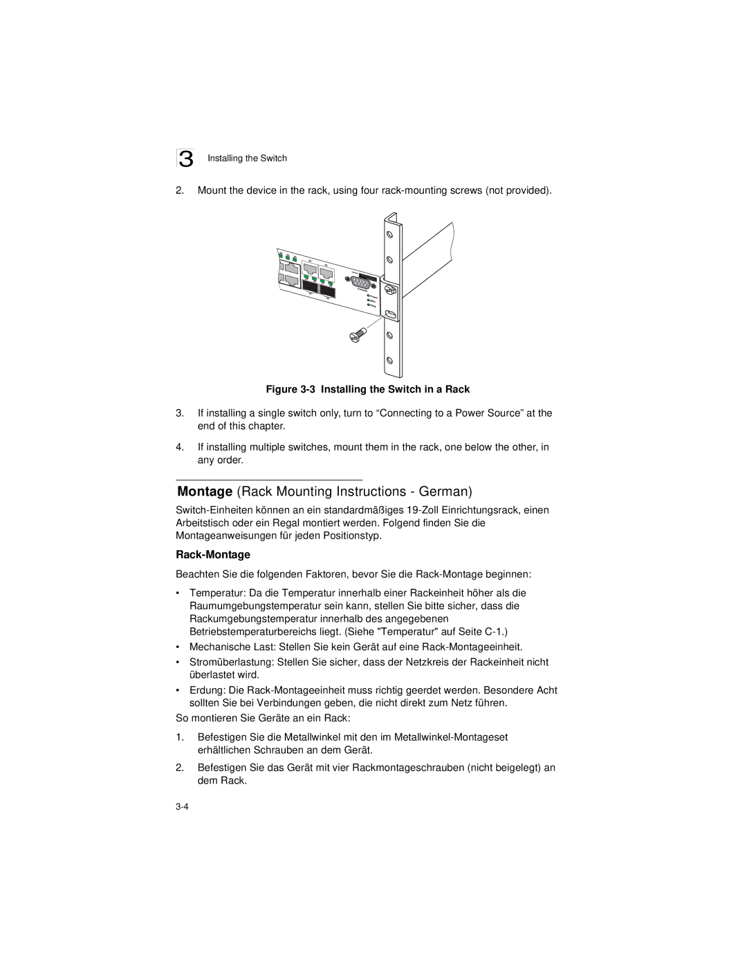 Accton Technology ES3628EA manual Montage Rack Mounting Instructions German 