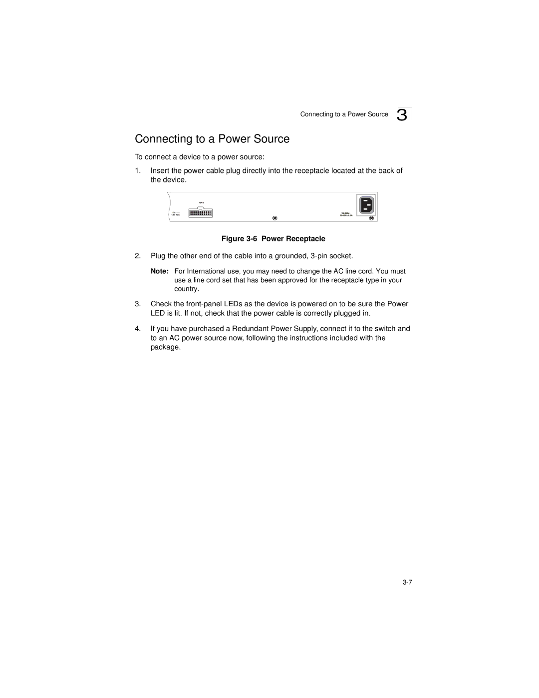 Accton Technology ES3628EA manual Connecting to a Power Source, Power Receptacle 