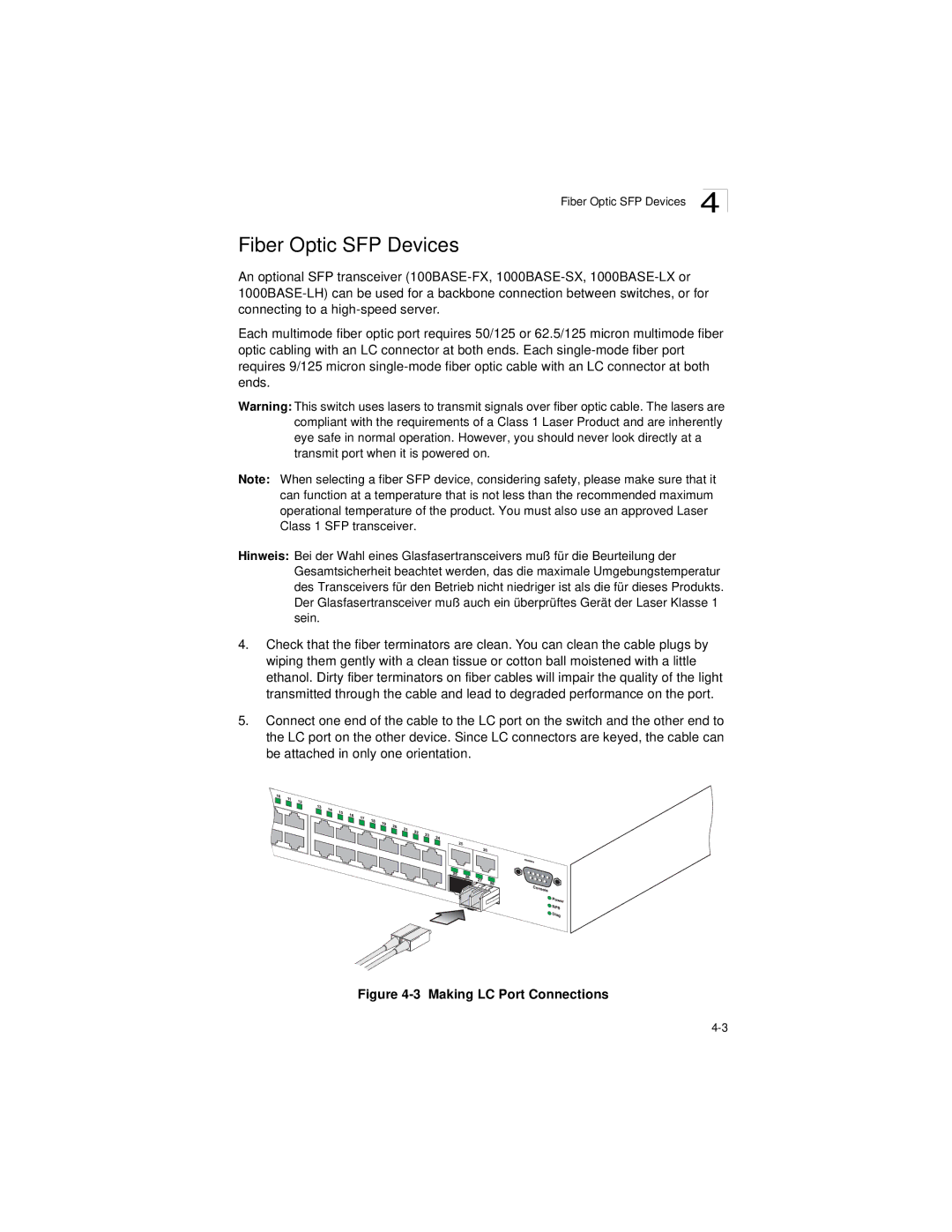 Accton Technology ES3628EA manual Fiber Optic SFP Devices, Making LC Port Connections 