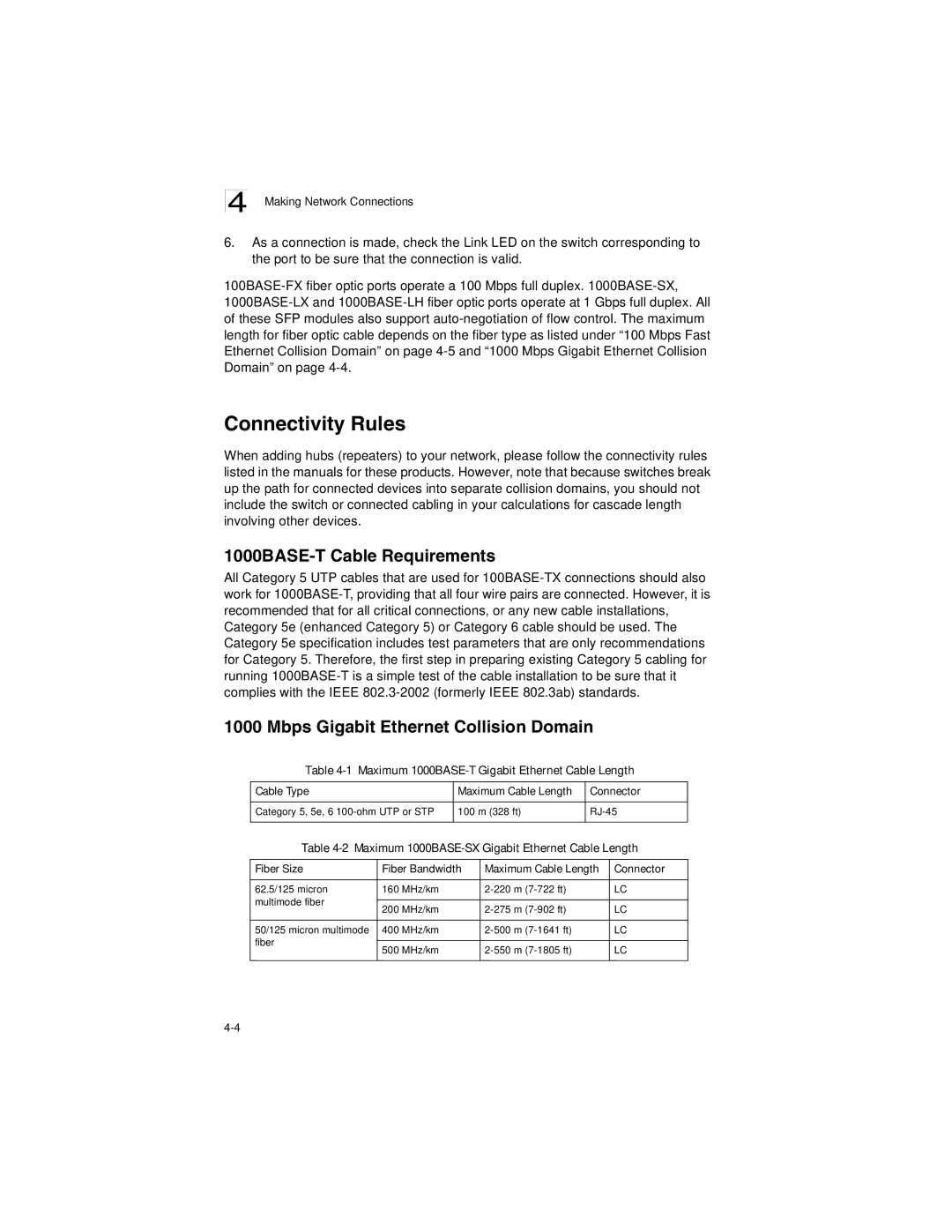 Accton Technology ES3628EA manual Connectivity Rules, 1000BASE-T Cable Requirements, Mbps Gigabit Ethernet Collision Domain 