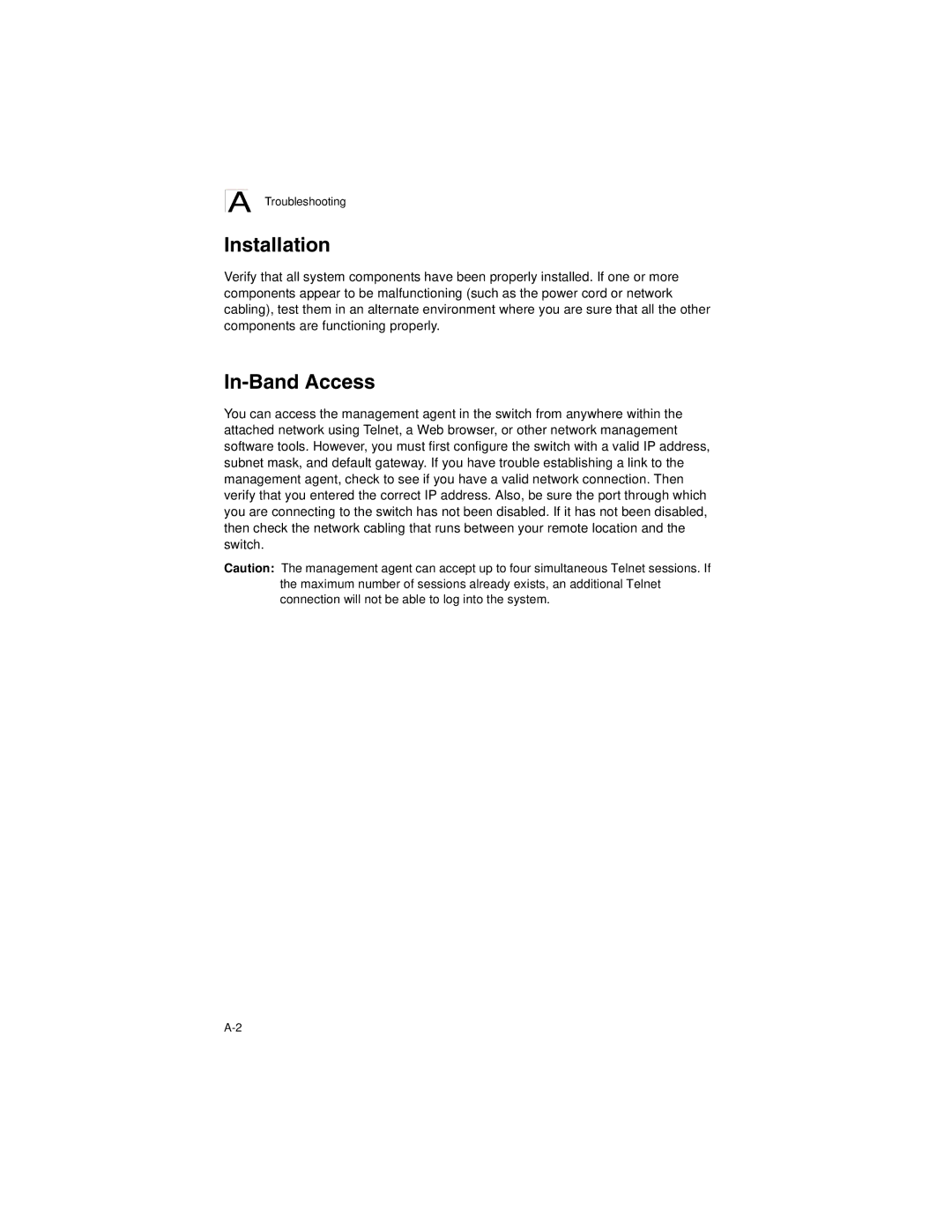 Accton Technology ES3628EA manual Installation, In-Band Access, Troubleshooting 