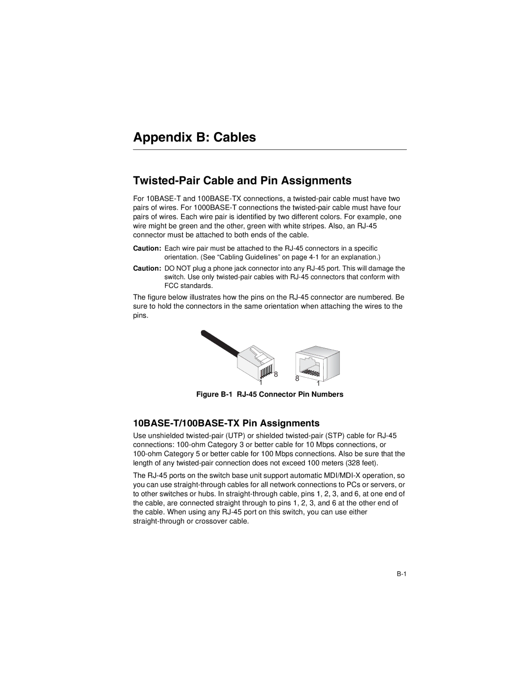 Accton Technology ES3628EA Appendix B Cables, Twisted-Pair Cable and Pin Assignments, 10BASE-T/100BASE-TX Pin Assignments 