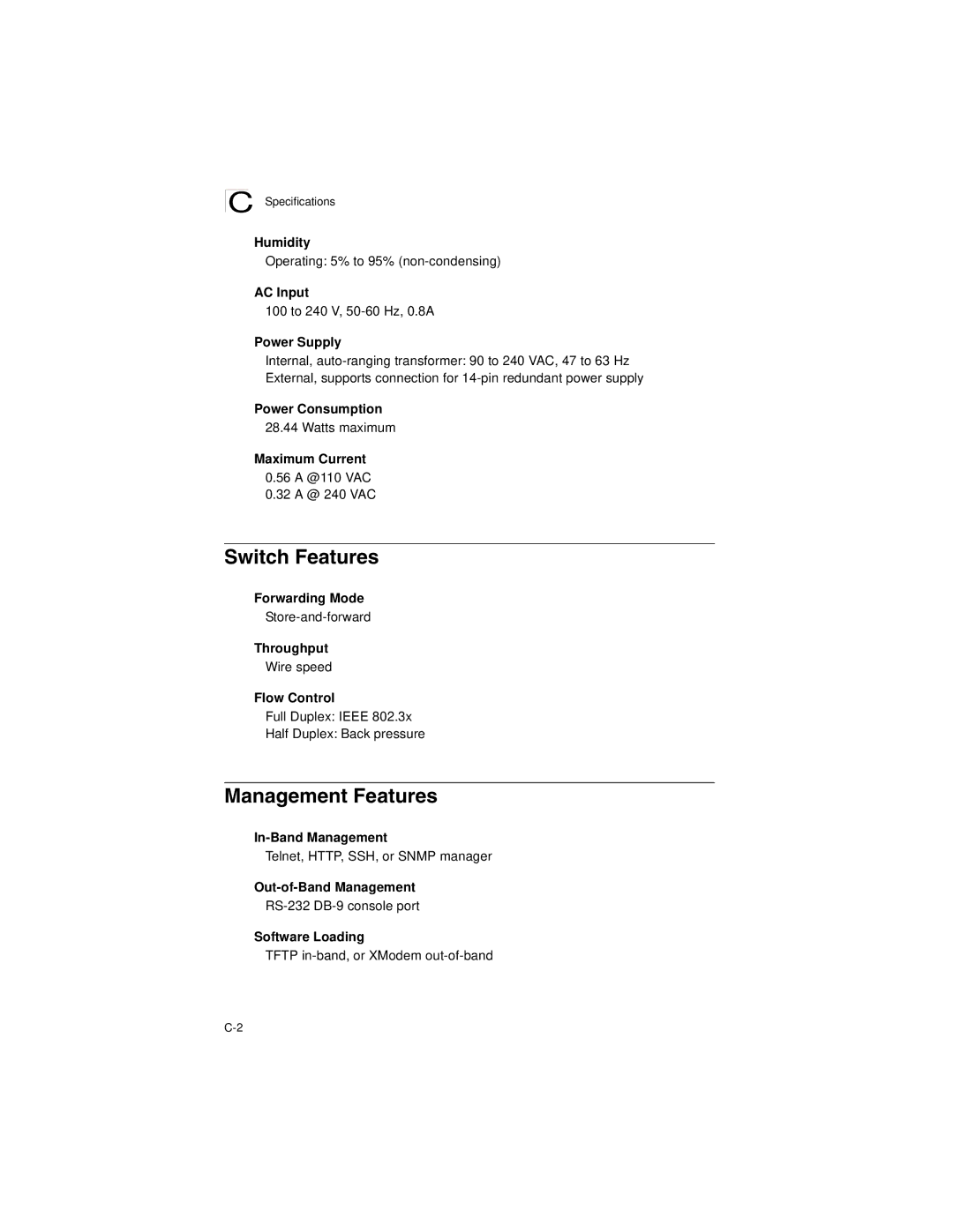 Accton Technology ES3628EA manual Switch Features, Management Features, Specifications 