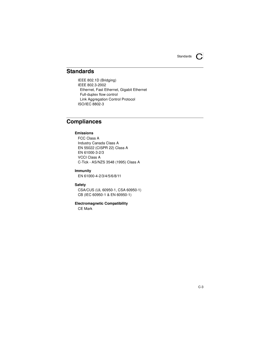 Accton Technology ES3628EA manual Compliances, Standards C 