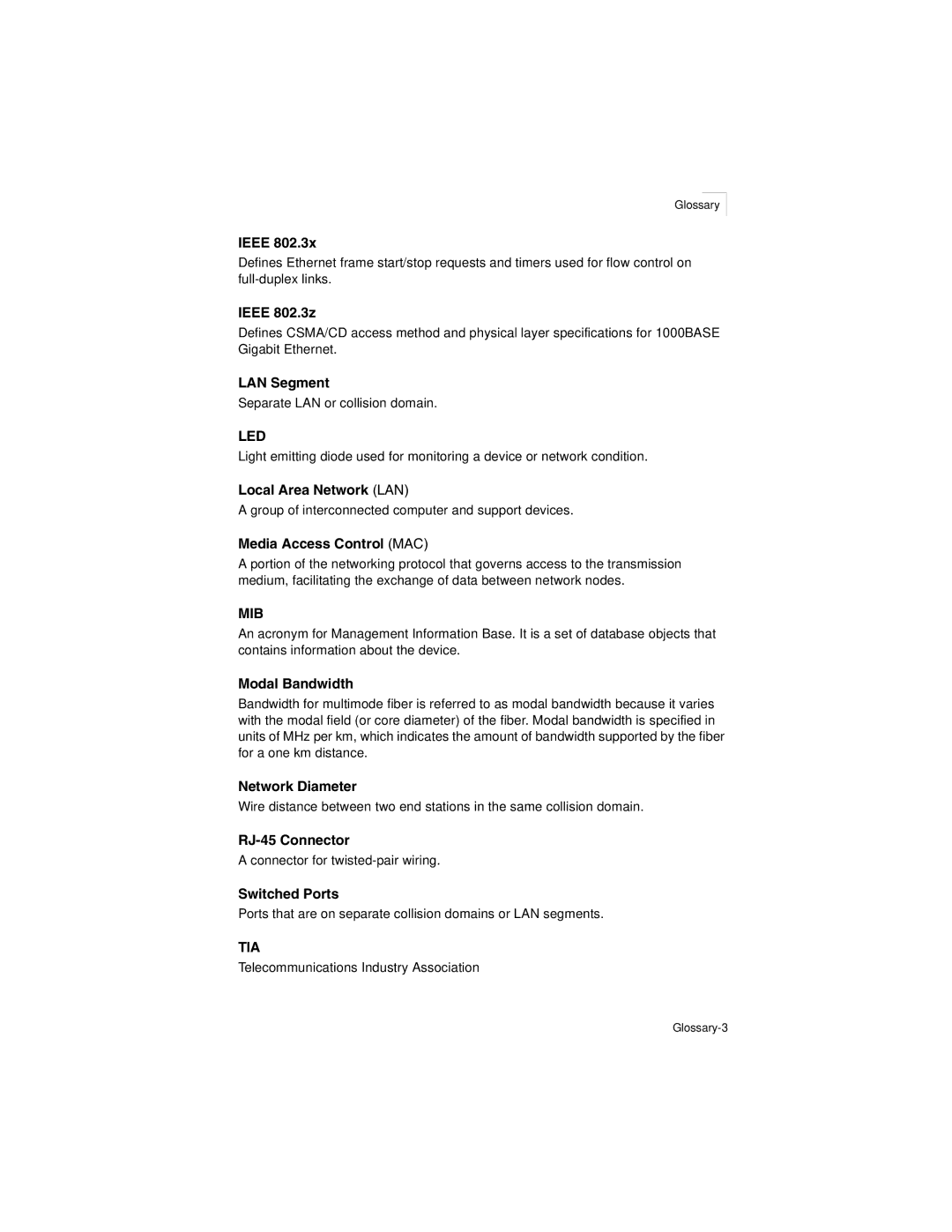 Accton Technology ES3628EA manual Ieee 802.3z, Glossary-3 