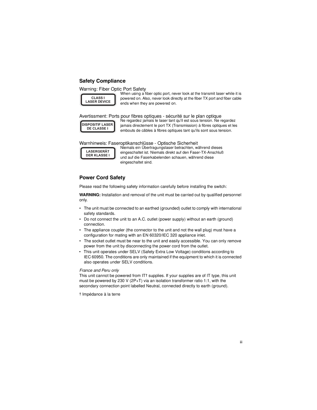 Accton Technology ES3628EA manual Warnhinweis Faseroptikanschlüsse Optische Sicherheit, Iii 