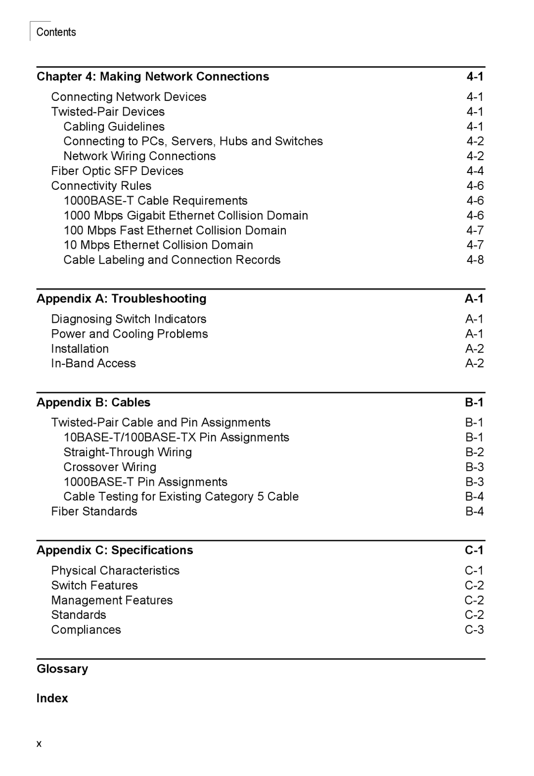 Accton Technology ES4324 manual Making Network Connections, Appendix a Troubleshooting, Appendix B Cables, Glossary Index 