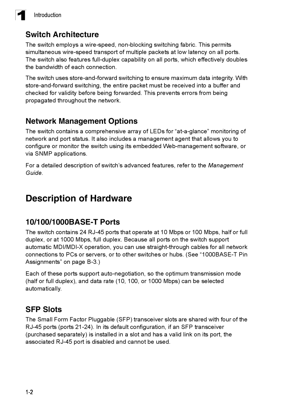 Accton Technology ES4324 Description of Hardware, Switch Architecture, Network Management Options, 10/100/1000BASE-T Ports 
