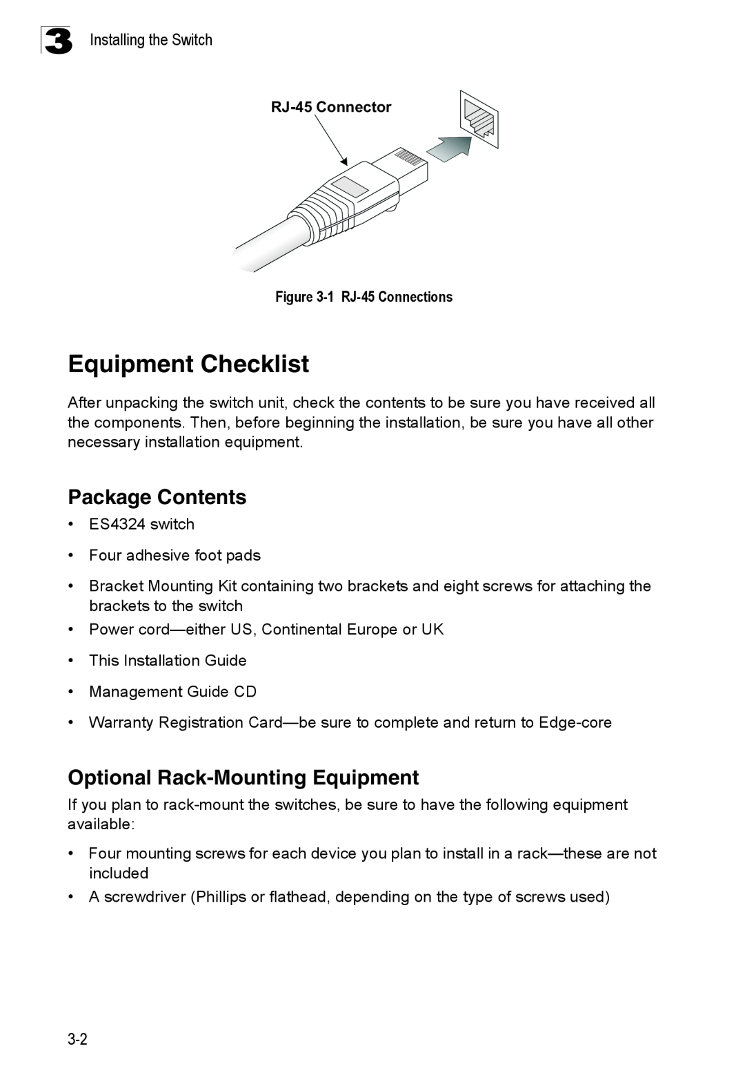 Accton Technology ES4324 manual Equipment Checklist, Package Contents, Optional Rack-Mounting Equipment 