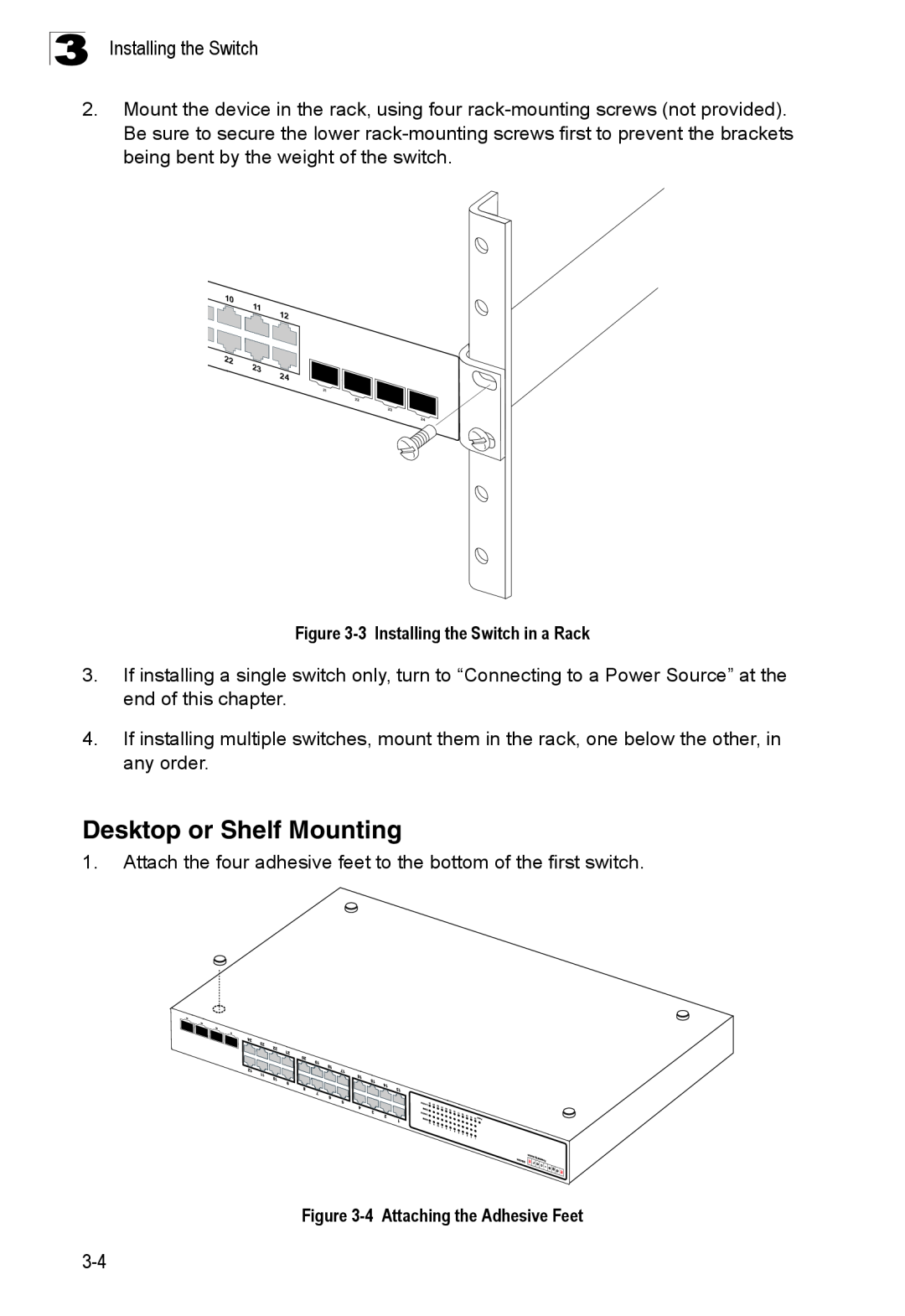 Accton Technology ES4324 manual Desktop or Shelf Mounting, 3 Installing the Switch in a Rack, 4 Attaching the Adhesive Feet 