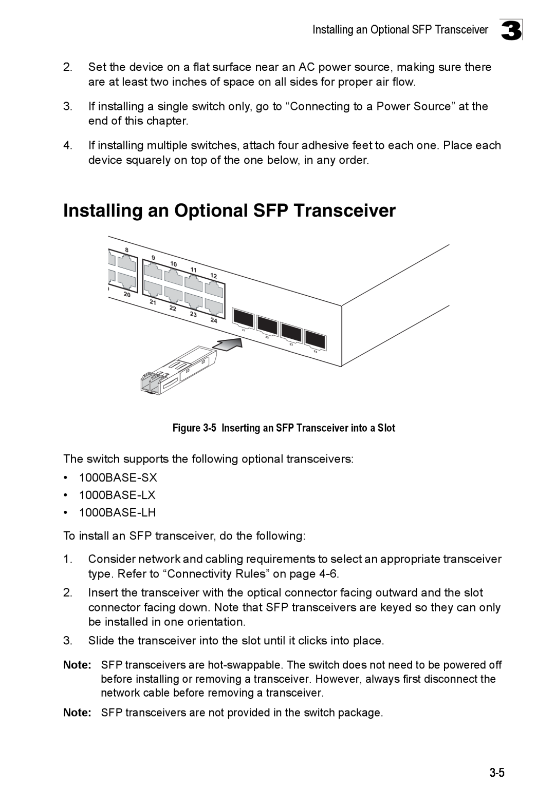 Accton Technology ES4324 manual Installing an Optional SFP Transceiver, 5 Inserting an SFP Transceiver into a Slot 