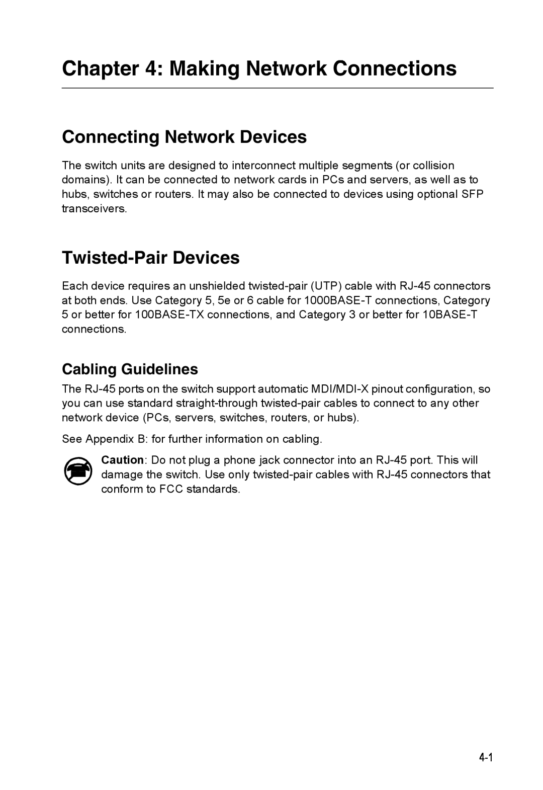 Accton Technology ES4324 Making Network Connections, Connecting Network Devices, Twisted-Pair Devices, Cabling Guidelines 