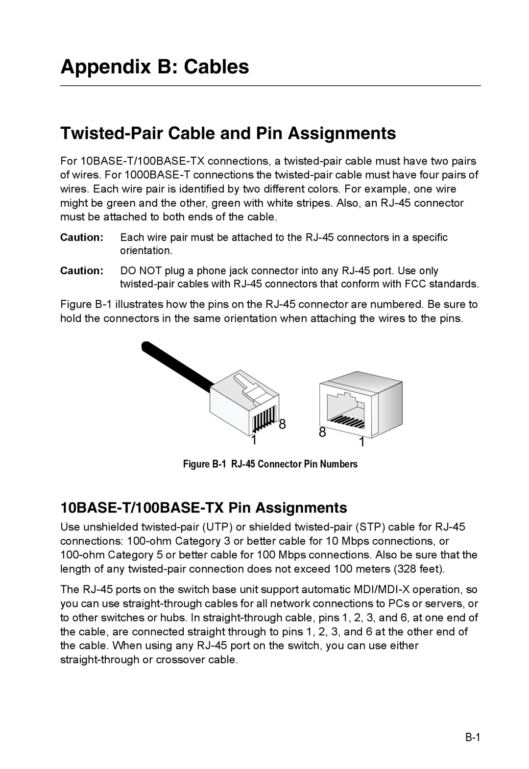 Accton Technology ES4324 Appendix B Cables, Twisted-Pair Cable and Pin Assignments, 10BASE-T/100BASE-TX Pin Assignments 