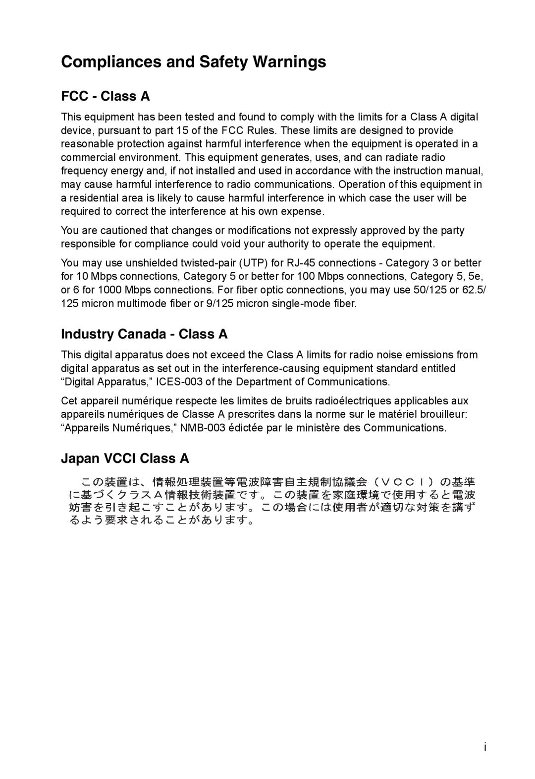 Accton Technology ES4324 FCC - Class A, Industry Canada - Class A, Japan VCCI Class A, Compliances and Safety Warnings 