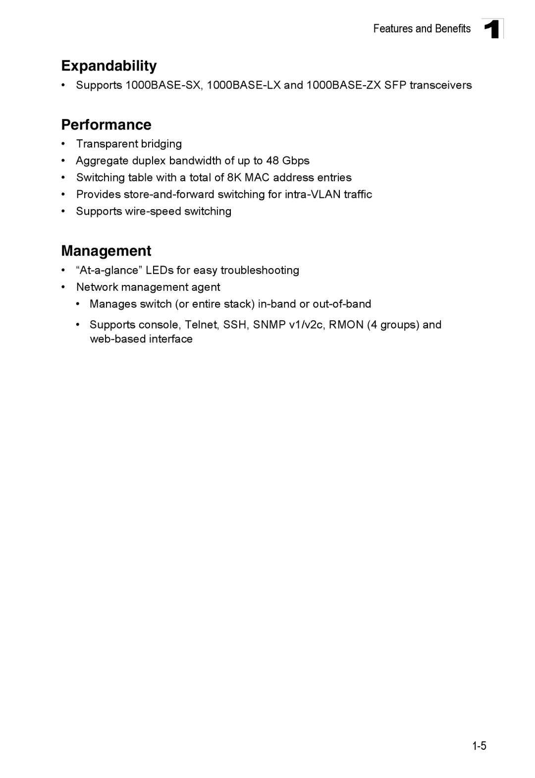 Accton Technology ES4524M-POE manual Expandability, Performance, Management 