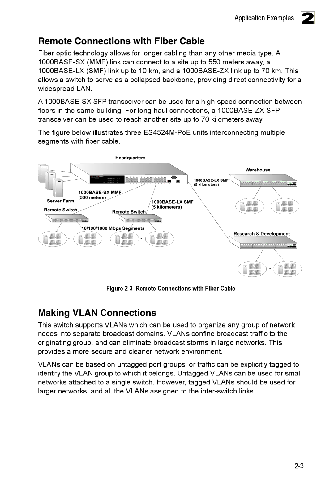 Accton Technology ES4524M-POE manual Remote Connections with Fiber Cable, Making Vlan Connections 