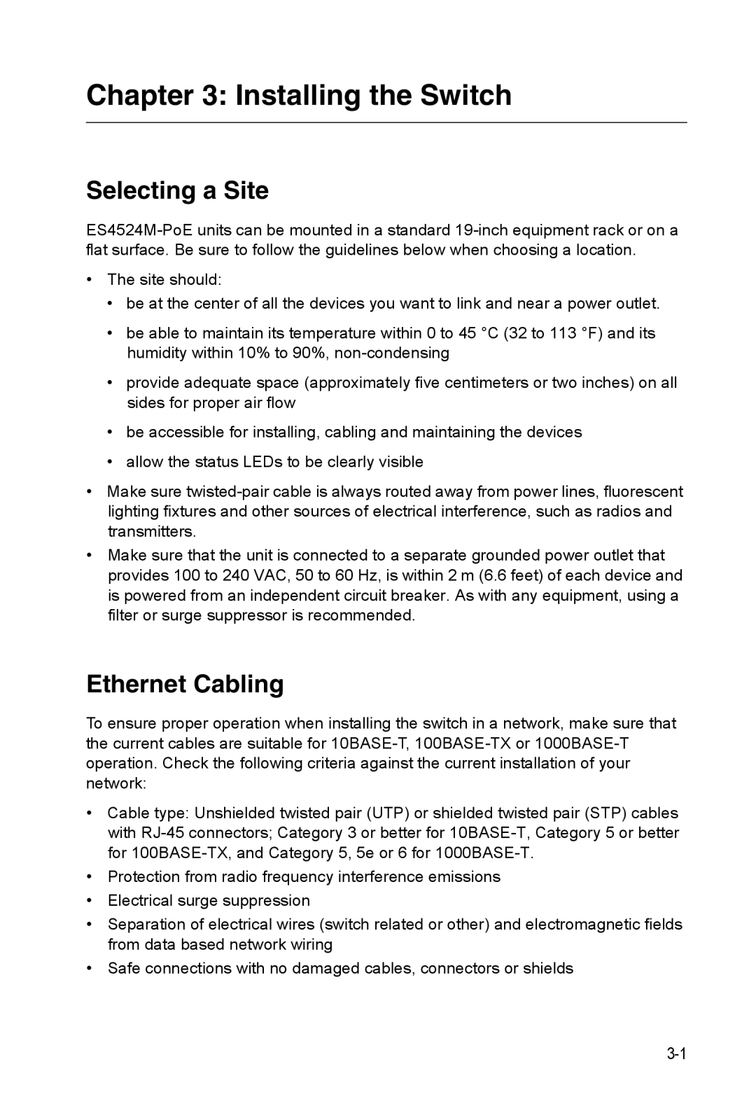 Accton Technology ES4524M-POE manual Installing the Switch, Selecting a Site, Ethernet Cabling 