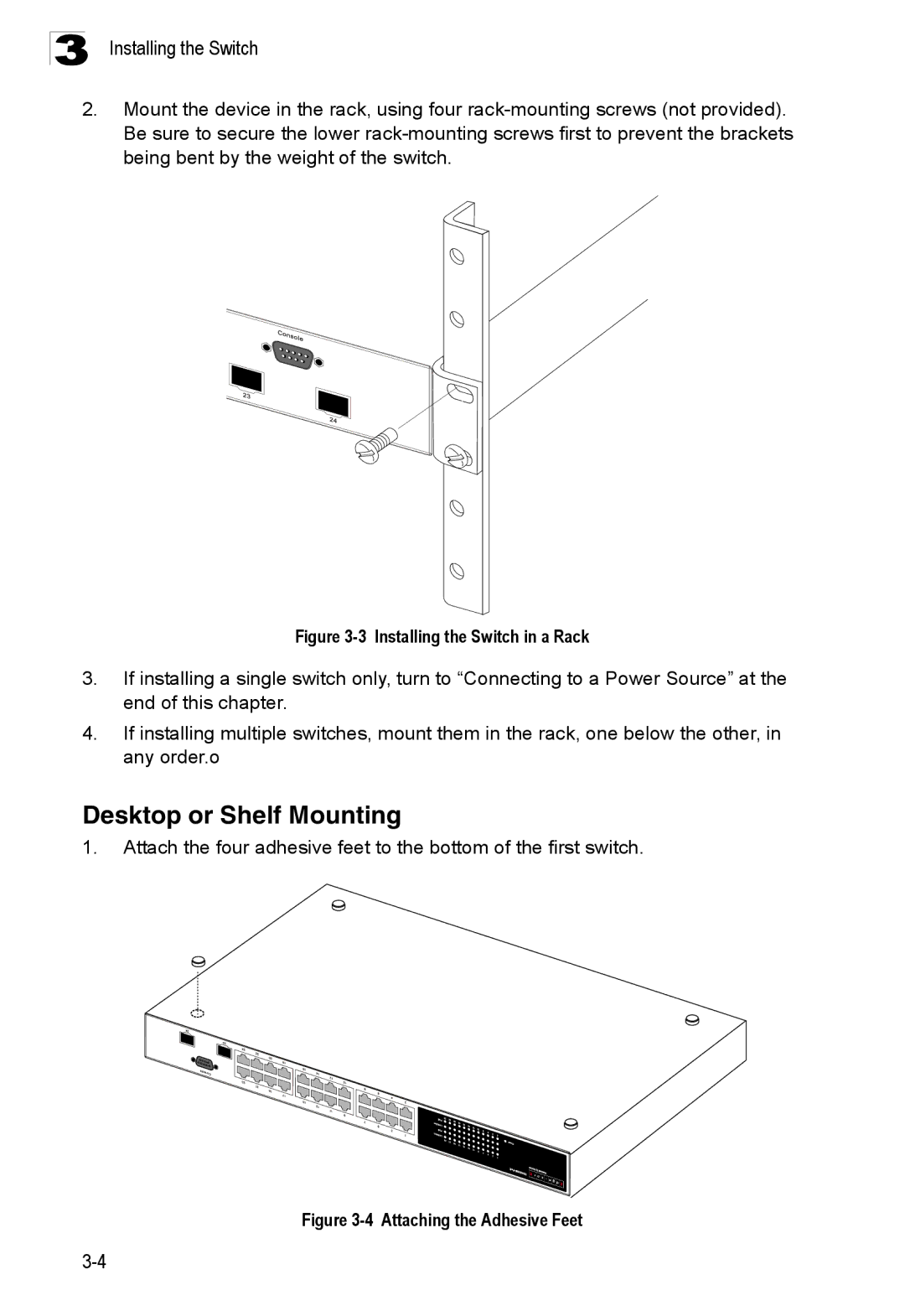 Accton Technology ES4524M-POE manual Desktop or Shelf Mounting, Installing the Switch in a Rack 