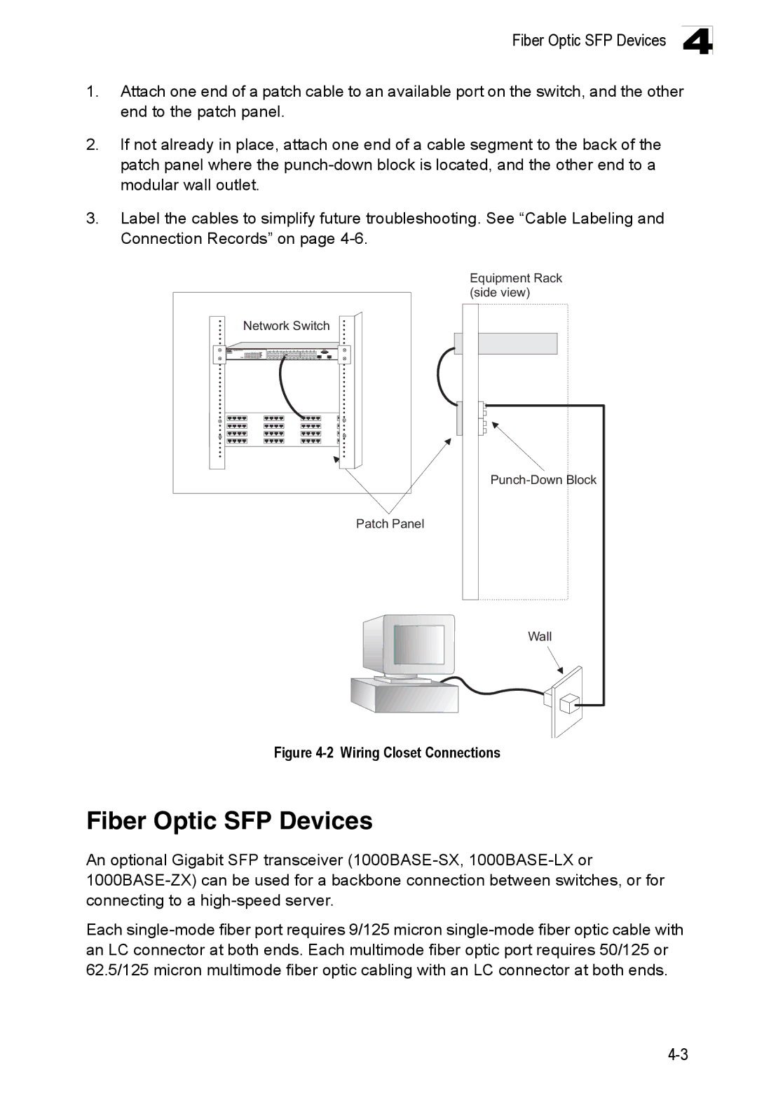 Accton Technology ES4524M-POE manual Fiber Optic SFP Devices, Wiring Closet Connections 