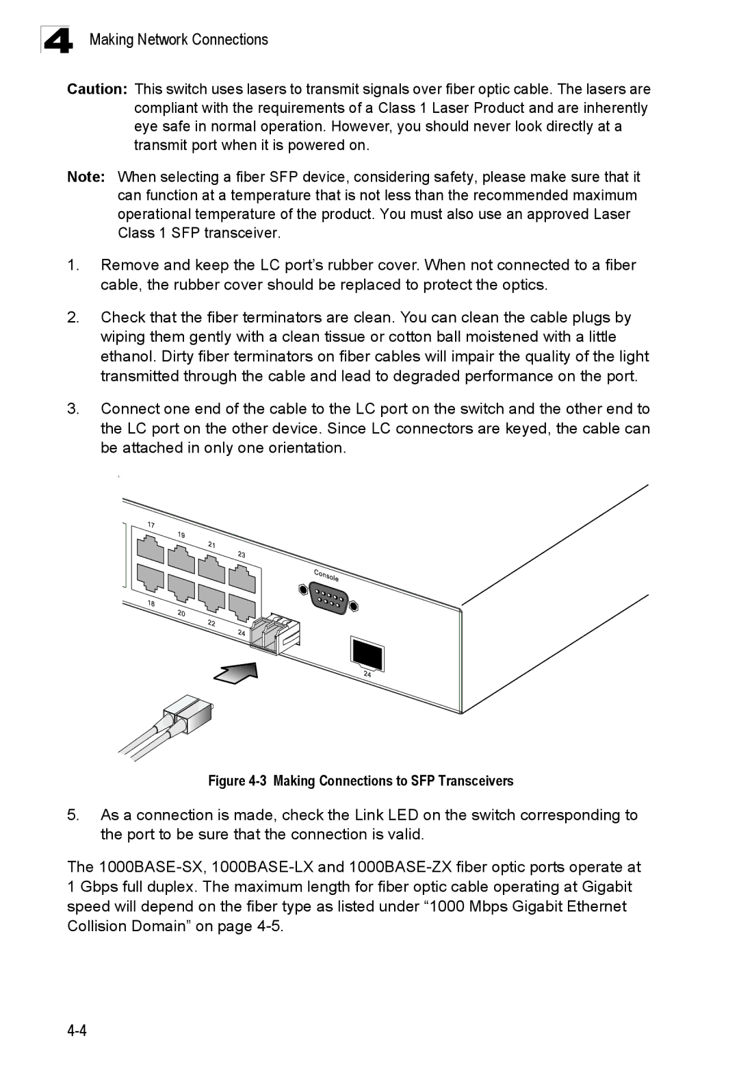 Accton Technology ES4524M-POE manual Making Connections to SFP Transceivers 