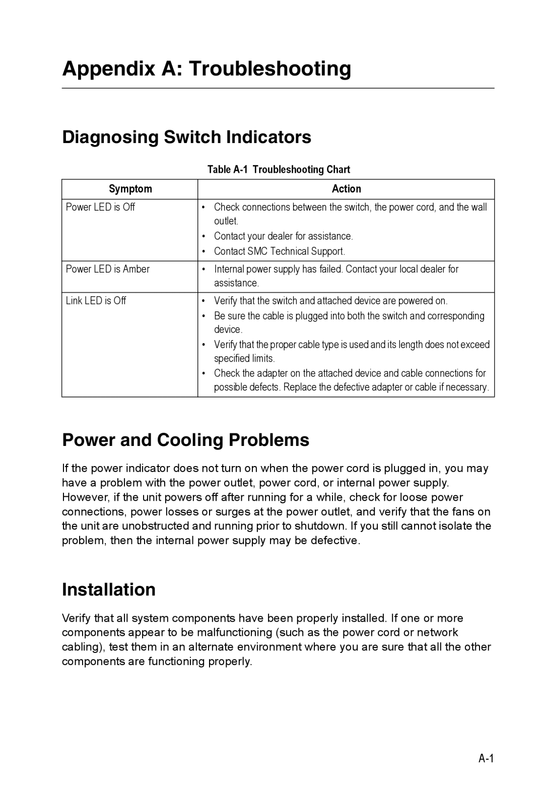 Accton Technology ES4524M-POE manual Appendix a Troubleshooting, Diagnosing Switch Indicators, Power and Cooling Problems 