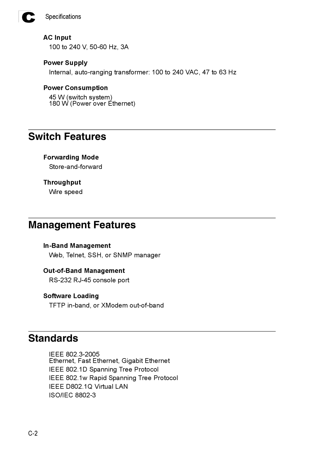 Accton Technology ES4524M-POE manual Switch Features, Management Features, Standards, Specifications 