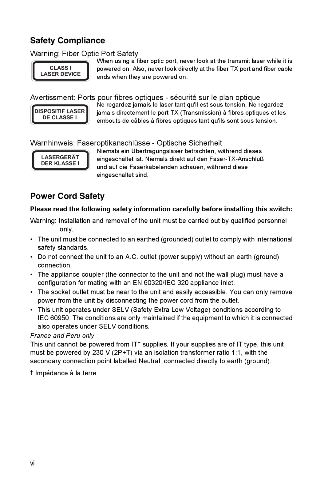 Accton Technology ES4524M-POE manual Safety Compliance, Warnhinweis Faseroptikanschlüsse Optische Sicherheit 